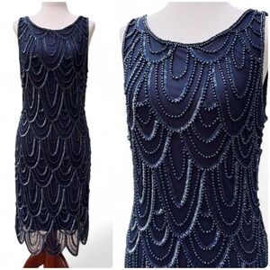 Vintage Y2K 20s Inspired Midnight Blue Beaded Dress
